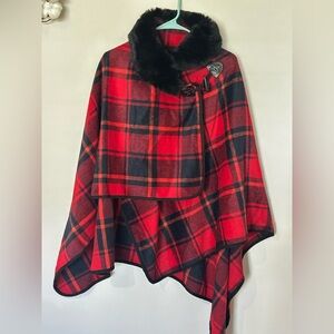 Red and Black Plaid Poncho Cape with Faux Fur Collar